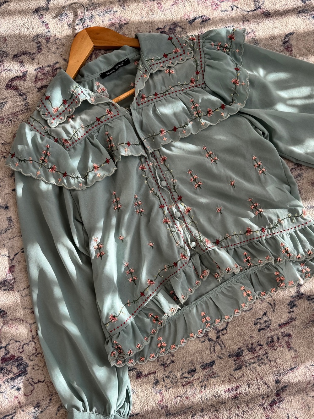 Sage Embroidered Ruffle Vintage Blouse